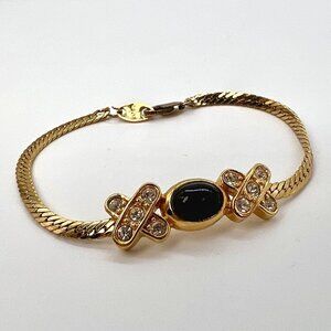 Vintage Avon 14K Gold Filled Bracelet Black Oval Stone Rhinestone